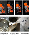 Industrial Grade Magnetic Drill Press With Adjustable Machine Body And Portable Design For Engineering Steel Structure Projects Featuring Bidirectional Guide Rail Positioning And Shockproof Anti-Slip Handle For Secure Comfortable Handling In Hardcore showing coring, tapping, and drilling effects.