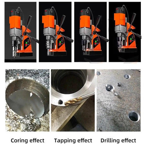 Industrial Grade Magnetic Drill Press With Adjustable Machine Body And Portable Design For Engineering Steel Structure Projects Featuring Bidirectional Guide Rail Positioning And Shockproof Anti-Slip Handle For Secure Comfortable Handling In Hardcore showing coring, tapping, and drilling effects.