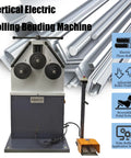 Heavy Duty Vertical Electric Rolling Bending Machine With Slick Pinch Roll Setup And Rock Solid Ring Forming Capability On No Sweat 220V Single Phase Power, front view showcasing three rollers and foot pedal.