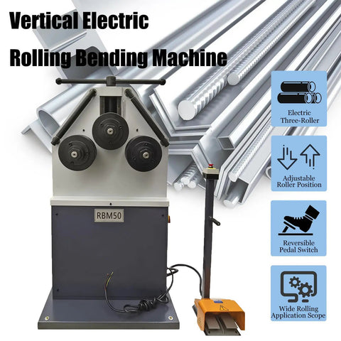 Heavy Duty Vertical Electric Rolling Bending Machine With Slick Pinch Roll Setup And Rock Solid Ring Forming Capability On No Sweat 220V Single Phase Power, front view showcasing three rollers and foot pedal.