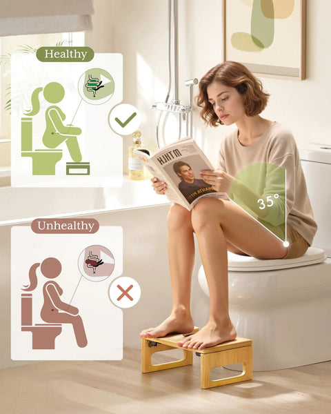 Woman using 7 Inch Bamboo Toilet Stool for Adults, Foldable Squat Potty for Bathroom, 0.79 Inch Thick, Non Slip Grip.