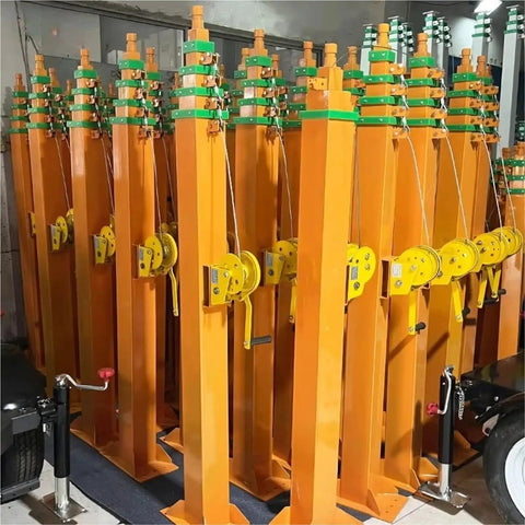 Rock Solid 6M Square Steel Hand Crank Telescopic Antenna Mast Satellite Stick, multiple poles with yellow winches, ready for deployment.