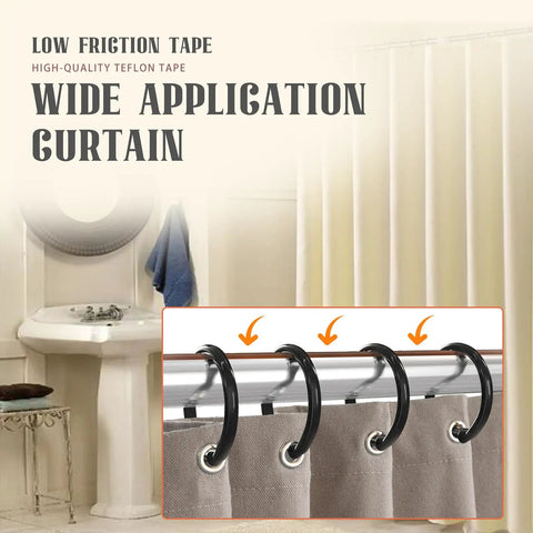 High Performance Real Smooth Glide Felt Tape Two Roll Brown Self Adhesive Low Friction Drawer Slide Strips Zero Drama Cabinet Protection Squeak Protector with curtain rings on a rod.