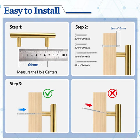 Installation steps for Brushed Gold Cabinet Handles Set Of Four For Kitchen Cabinets And Drawers Two And A Half Inch Center Hole