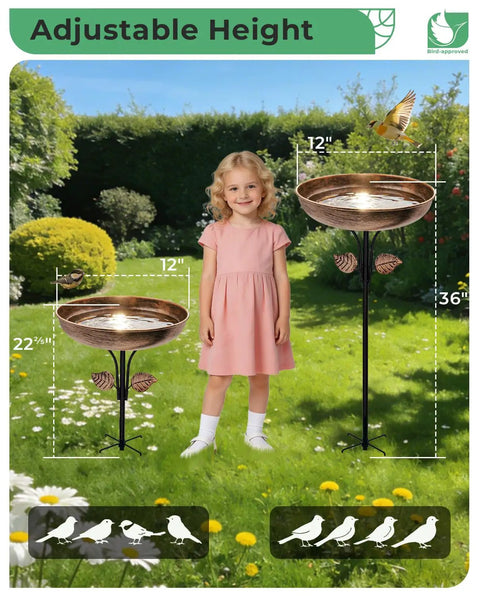 Sturdy Metal Bird Bath Garden Stake With 12 Inch Bowl Outdoors 0.7 Gallon Capacity Yard Decor For Birds No Fuss Setup And Durable Weatherproof Design Included shown in garden setting with child.