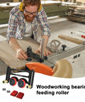 Tough As Nails Rust Proof Table Saw Roller Feeder Kit with secure feather boards in use by a woodworker feeding lumber.
