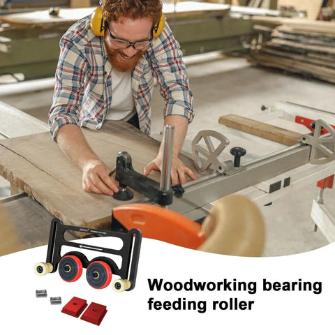 Tough As Nails Rust Proof Table Saw Roller Feeder Kit with secure feather boards in use by a woodworker feeding lumber.