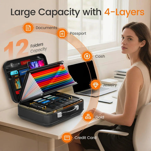 Fireproof Document Box With Lock For Your Important Papers Passport Certificates And Laptop, Tough 5200F Fire Resistance Water Resistant Hard Case File Organizer UL-94 VTM-0 Certified Black showing its large capacity and organized compartments on a desk.