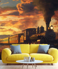 Epic Steam Train Mural Wall Art For Living Room And Bedroom, Massive Locomotive Canvas Wallpaper, 157 By 110 Inches Not Peel And Stick, 3D Railroad Backdrop Decor with sunset.