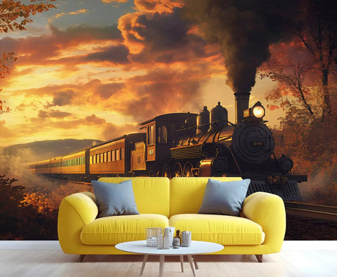 Epic Steam Train Mural Wall Art For Living Room And Bedroom, Massive Locomotive Canvas Wallpaper, 157 By 110 Inches Not Peel And Stick, 3D Railroad Backdrop Decor with sunset.