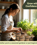 Woman using Indoor Herb Garden Kit With 44 Piece Starter Set For Your Kitchen Windowsill Or Balcony Grow 10 Gourmet Herbs Includes Burlap Pots Soil Discs Markers And Tools A No Fuss Gift For Women Mom Easter Birthday Christmas, with plants on windowsill.