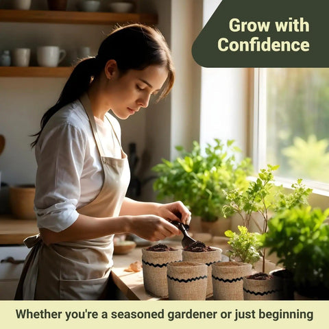 Woman using Indoor Herb Garden Kit With 44 Piece Starter Set For Your Kitchen Windowsill Or Balcony Grow 10 Gourmet Herbs Includes Burlap Pots Soil Discs Markers And Tools A No Fuss Gift For Women Mom Easter Birthday Christmas, with plants on windowsill.