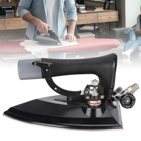 Close-up of Heavy Duty Industrial Steam Iron With Automatic Full Press Boiler featuring durable handle and steel base.