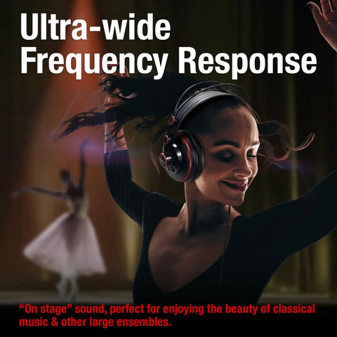 Dancer wearing Semi Open Over Ear Studio Headphones With 50mm Neodymium Drivers Wired For Monitoring Mixing And Music on stage.