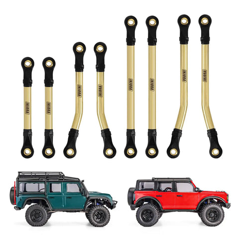 Brass High Clearance Link Set for TRX4M Bronco Defender One Eighteenth Scale RC Crawler Upgrades shown with two RC vehicles