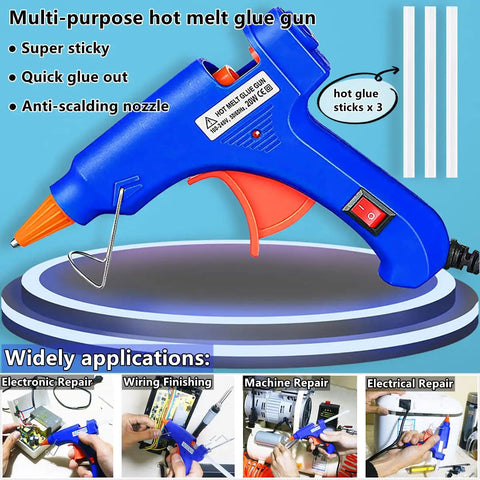 Blue hot melt glue gun with orange trigger and nozzle, includes three glue sticks, used for various repair applications.
