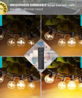 Dimmable 150ft G40 LED outdoor string lights with remote control and waterproof shatterproof bulbs, warm 2700K glow settings.