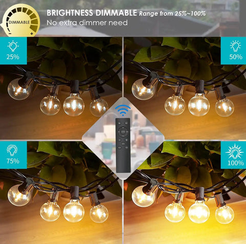 Dimmable 150ft G40 LED outdoor string lights with remote control and waterproof shatterproof bulbs, warm 2700K glow settings.