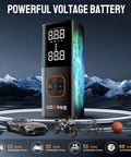 Portable Tire Inflator Air Compressor with 180 PSI, digital gauge, shown with car, motorcycle, bicycle, and basketball on display.