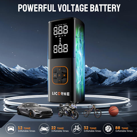 Portable Tire Inflator Air Compressor with 180 PSI, digital gauge, shown with car, motorcycle, bicycle, and basketball on display.
