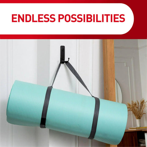 Front view of a Command indoor wall hook with gray straps holding a turquoise yoga mat
