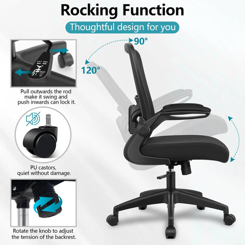 Side view of All Day Comfort Ergonomic Office Chair rocking function, showing flip up armrests and adjustable high back.