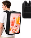 Mobile Video Advertising Backpack 27 Inch Lcd Screen 1080p Resolution featuring refreshing drinks and cake on display.