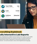 Woman analyzing water test results on laptop with details about total THMs, lead, and coliform in Straight Up Home Water Test Kit.