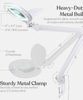 XL Pro Grade Magnifying Desk Lamp With Clamp And LED Light For Crafts Reading And Close Work Dimmable Magnifier With Wide Six Inch By Four And A Half Inch Rectangular Lens Two And A Quarter X Zoom For Detail Or Fine Crafting; heavy-duty metal build with sturdy clamp.