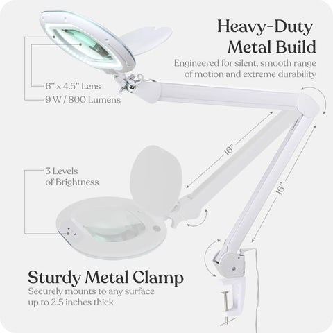 XL Pro Grade Magnifying Desk Lamp With Clamp And LED Light For Crafts Reading And Close Work Dimmable Magnifier With Wide Six Inch By Four And A Half Inch Rectangular Lens Two And A Quarter X Zoom For Detail Or Fine Crafting; heavy-duty metal build with sturdy clamp.
