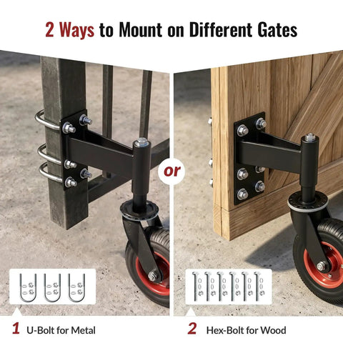 8 Inch Spring Loaded Gate Caster Wheel Heavy Duty Pipe Gate Roller Smooth As Butter Outdoor Slider showing mounting options on metal and wood gates.