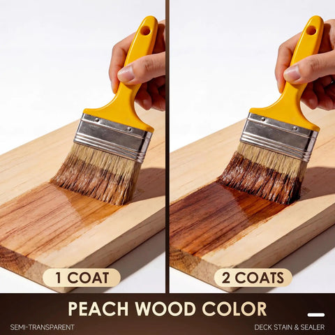 Brush applying Straight Up Tough Outdoor Wood Stain And Sealer Duo For Deck Fence And Patio Semi Transparent Water Based Shield.