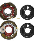 Electric trailer brake assembly pair with red brake shoes and wiring for Dexter 9k–10k lb axles.