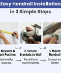 Easy Handrail Installation in 3 Simple Steps visual guide for Killer 3 Feet Aluminum Handrail Kit For Indoor Stairs With Adjustable Steel Brackets.