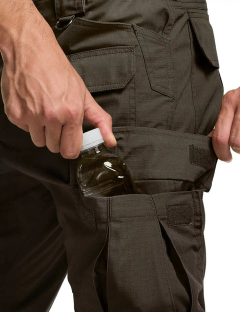 Men's Tactical Ripstop Cargo Pants With Water Resistant Duratex Fabric showing magnetic pocket feature with bottle storage, Dark Brown, 38W X 32L.