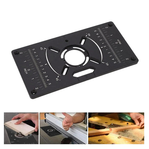 Top Grade Aluminum Router Table Insert Plate With Four Butter Smooth Trim Rings And Dual Inch Metric Scale For Zero Fuss Woodworking Diy And Garage Carpentry Builds, showing measurement scales and mounting features.