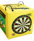 Beast Mode Archery Target Bag For 450 FPS Practice Cube Field Point Target with dartboard pattern, yellow portable design.