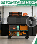 Heavy Duty Metal Rolling Tool Cabinet With Pegboard And 10 Hooks open in workshop with customizable height feature, black.