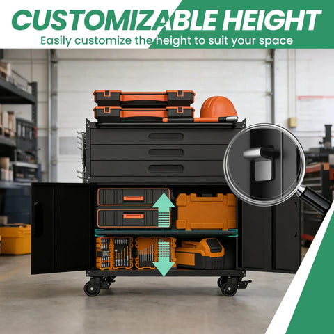 Heavy Duty Metal Rolling Tool Cabinet With Pegboard And 10 Hooks open in workshop with customizable height feature, black.
