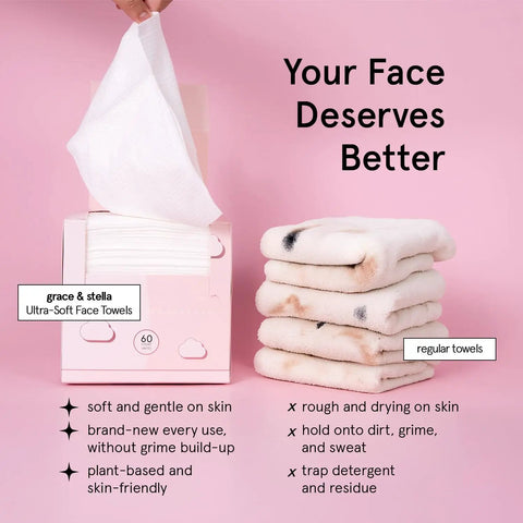 Ultra Soft Disposable Face Towels For Travel Essentials On The Go Extra Large Wipes For Cleanse And Makeup Removal Highly Absorbent And Lint Free Vegan Facial Tissues 60 Count next to regular towels.