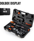 Toolbox display of Heavy Duty Hydraulic Copper Press Tool With 360 Degree Rotating Head For Tight Spaces Includes Dies For Copper Pipe Fittings Half Inch Three Quarter Inch And One Inch And Pex Rings From Eighth Inch To One Inch HT1950E in case