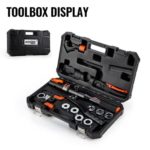 Toolbox display of Heavy Duty Hydraulic Copper Press Tool With 360 Degree Rotating Head For Tight Spaces Includes Dies For Copper Pipe Fittings Half Inch Three Quarter Inch And One Inch And Pex Rings From Eighth Inch To One Inch HT1950E in case