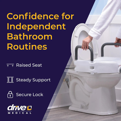 Person using 2-In-1 Raised Toilet Seat With No-Slip Removable Padded Arms For Easy Sit And Stand, 5-Inch Height Increase, Secure Locking Attachment