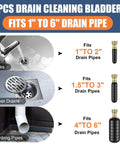 Heavy Duty Three Piece Drain Bladder Kit That Hits Hard On Clogged Lines Fast Using Power Pulse Water Pressure To Blast Hair And Grease Gunk Straight Out Works Magic With Ten Foot Retractable Hose And Brass Faucet Hookup For Home Plumbing Repairs with images of different sized drain bladders fitting various pipes.
