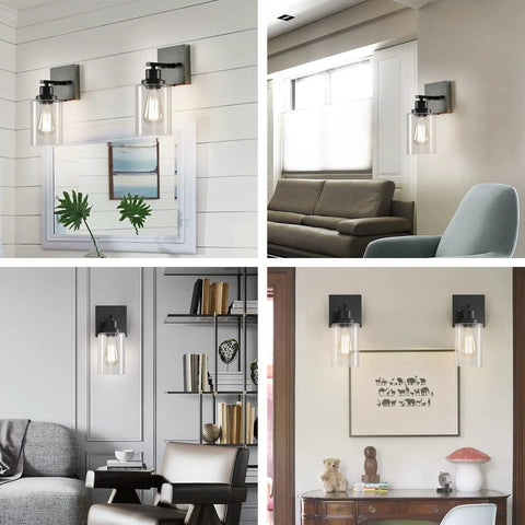 Plug In Rustic Wall Sconces Set Of 2 Modern Vanity Lights With Glass Shades E26 Base Matte Black Finish in living and hall spaces