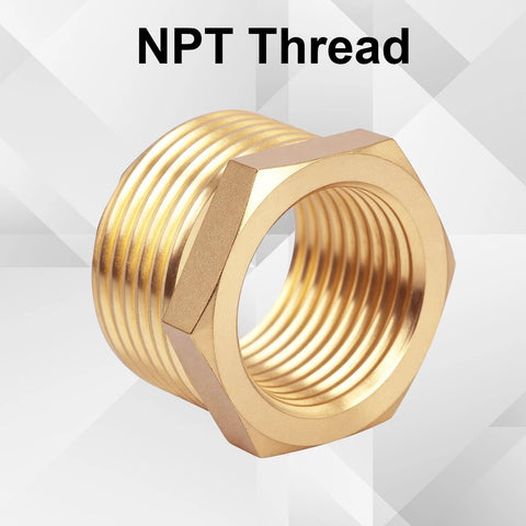 Brass NPT reducer hex bushing, 3/4 in male to 1/2 in female threads, pipe fitting