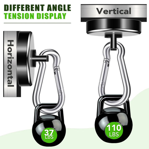 Vertical and horizontal tension display of 110Lbs Neodymium Magnetic Hooks Set With Swivel Carabiner Hangers