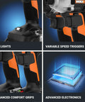 Close-up of Nitro 20V Brushless Drill Driver with LED lights, variable speed triggers, comfort grips, advanced electronics.