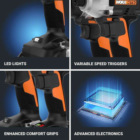 Close-up of Nitro 20V Brushless Drill Driver with LED lights, variable speed triggers, comfort grips, advanced electronics.