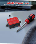 No Sweat Auto Rescue 30G Fire Extinguisher With Super Sticky Back Adhesive For Sedans Trucks And Trailers Self Activating Heat Killer and essential firefighting gear on a vehicle surface.